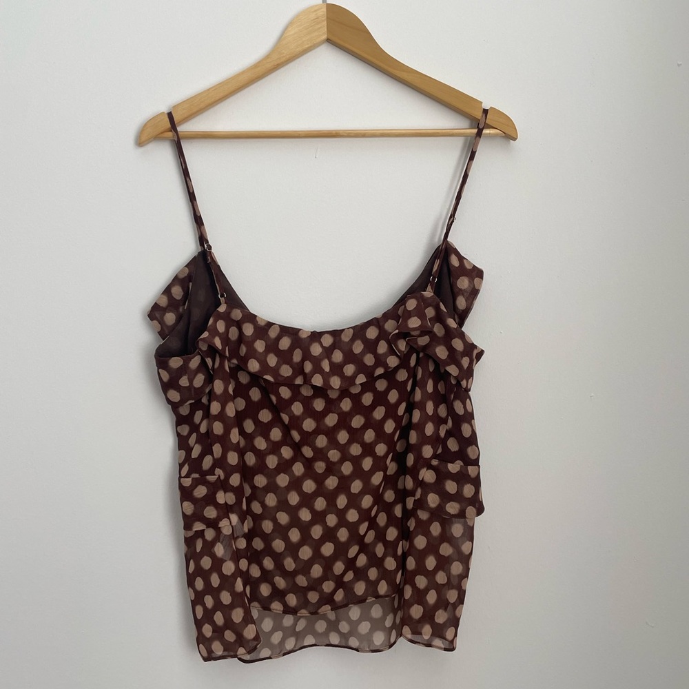 Zara - Flowy Polka Dot Print Ruffle Cami Tank Top Size XL Brown and Cream - Picture 8 of 12